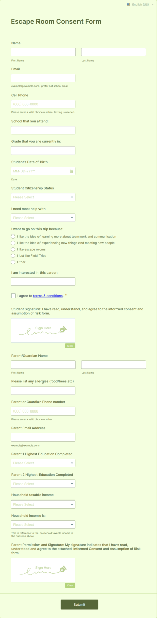 Escape Room Consent Form Template