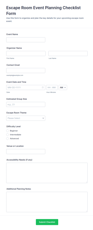 Escape Room Event Planning Checklist Form Template