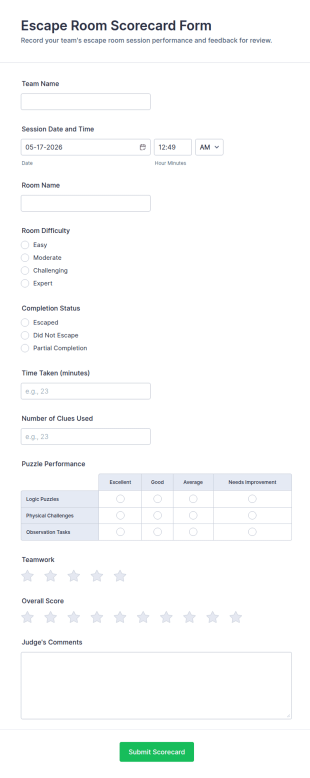 Escape Room Scorecard Form Template