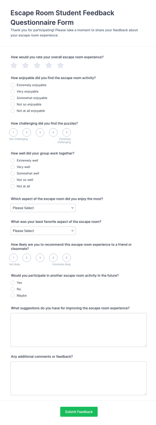 Escape Room Student Feedback Form Template