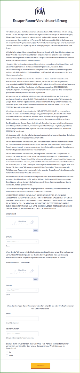 Escape Room Verzichtserklärung