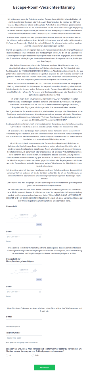 Escape Room Verzichtserklärung