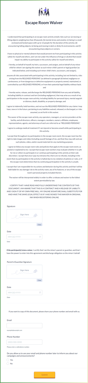 Escape Room Waiver Form Template