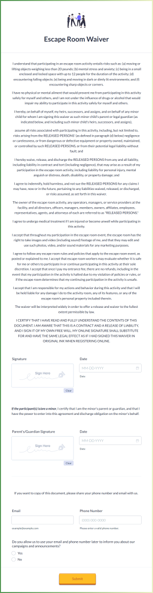 Escape Room Waiver Form Template
