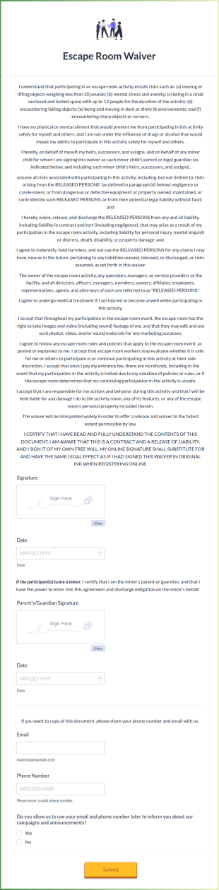 Escape Room Waiver Form Template
