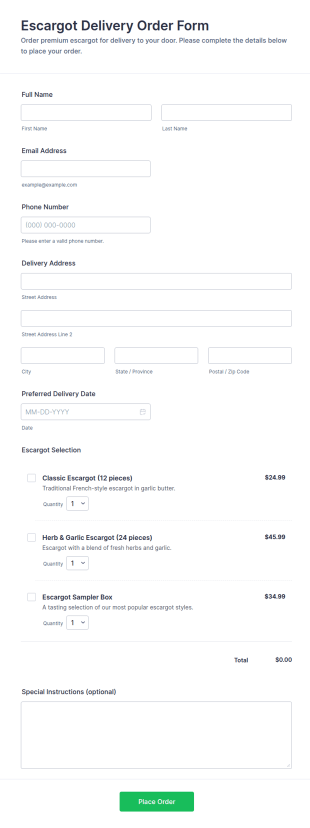 Escargot Delivery Order Form Template