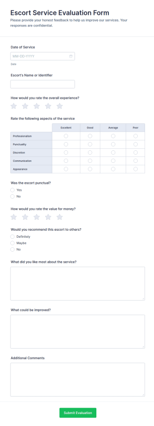 Escort Service Evaluation Form Template