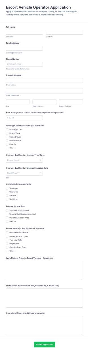 Escort Vehicle Operator Application Form Template