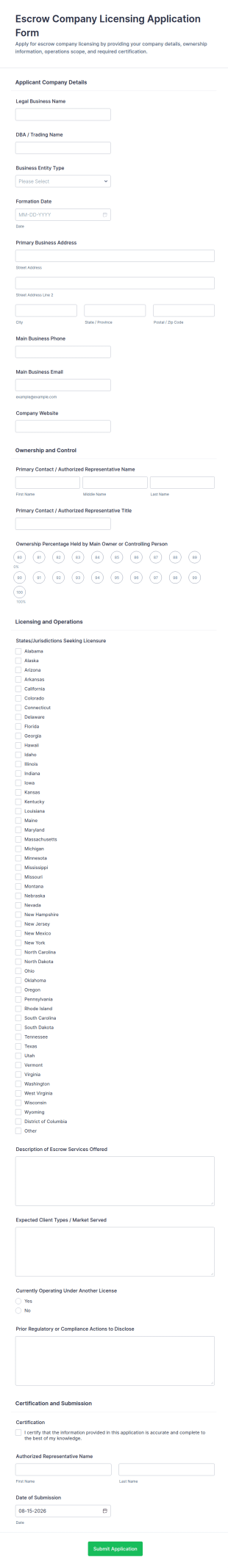 Escrow Company Licensing Application Form Template