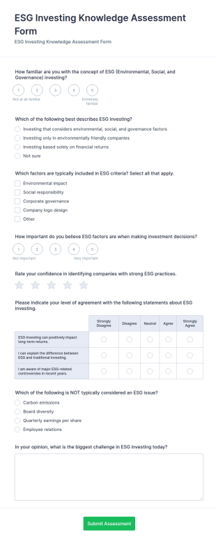 ESG Investing Knowledge Assessment Form Template