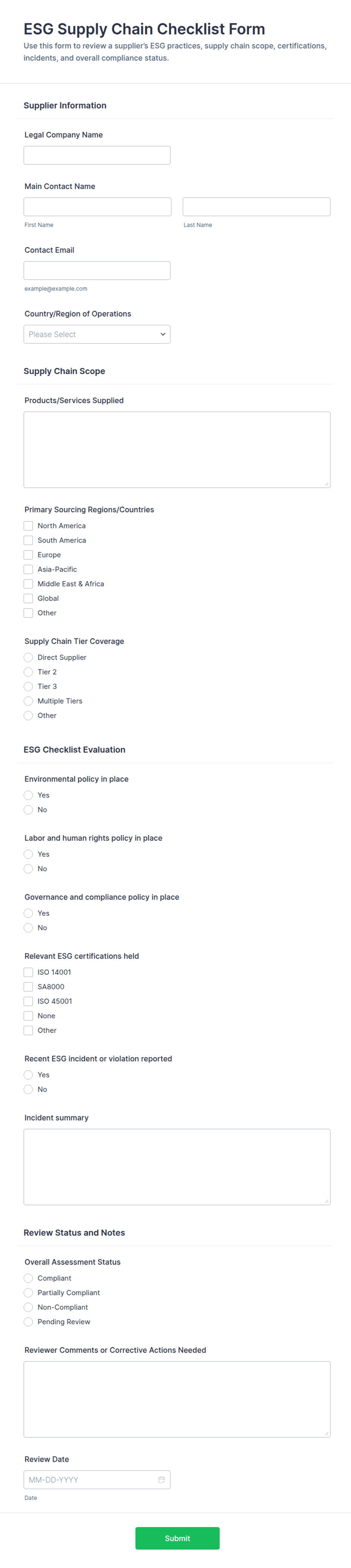 ESG Supply Chain Checklist Form Template | Jotform