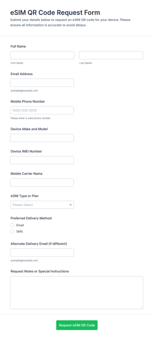 ESIM QR Code Request Form Template