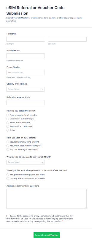 ESIM Referral Or Voucher Code Submission Form Template