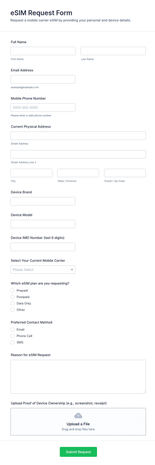 ESIM Request Form Template