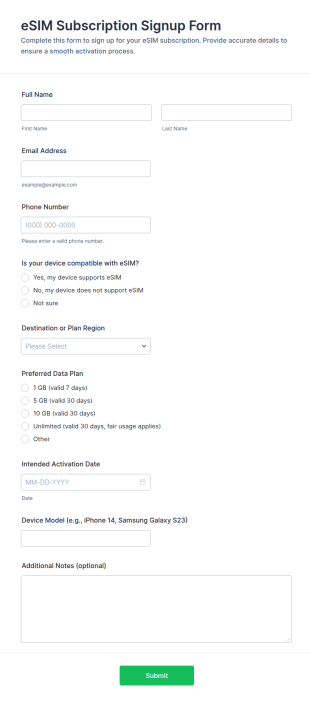 ESIM Subscription Signup Form Template