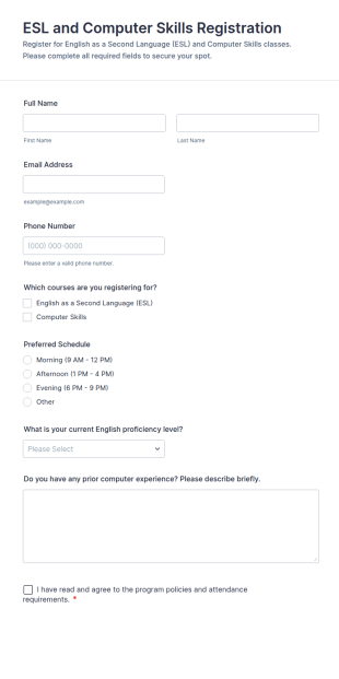 ESL And Computer Skills Registration Form Template