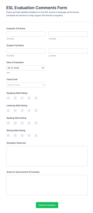 ESL Evaluation Comments Form Template