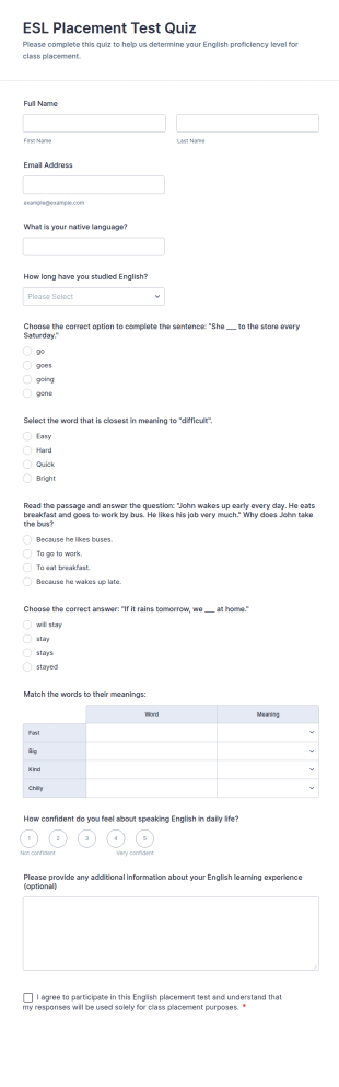 ESL Placement Test Quiz Form Template