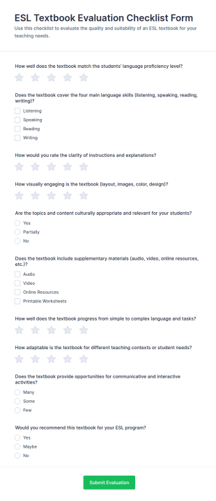 ESL Textbook Evaluation Checklist Form Template