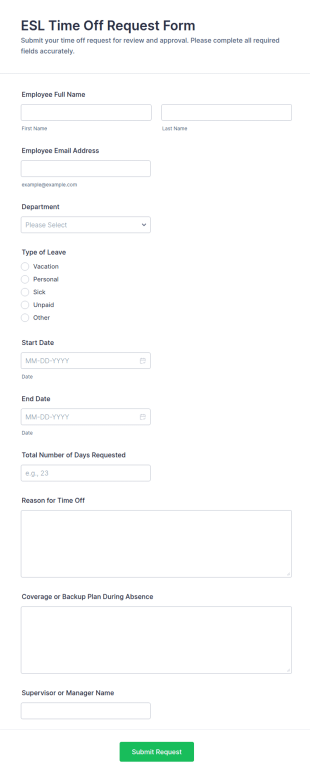 ESL Time Off Request Form Template