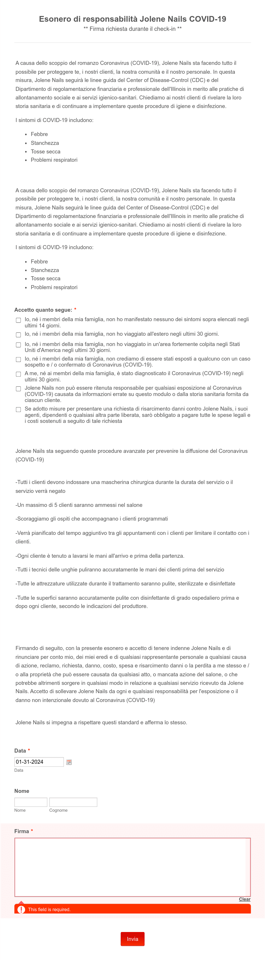 Esonero di responsabilità Jolene Nails COVID19 Template Modulo Jotform