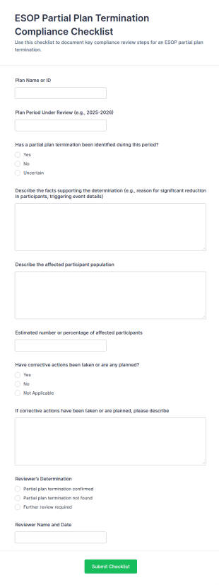 ESOP Partial Plan Termination Compliance Checklist Form Template