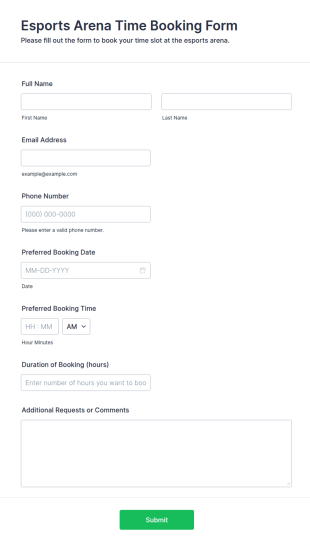 Esports Arena Time Booking Form Template