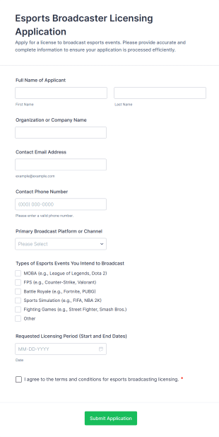 Esports Broadcaster Licensing Application Form Template