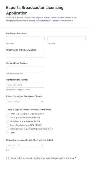 Esports Broadcaster Licensing Application Form Template