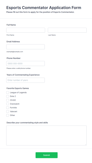 Esports Commentator Application Form Template
