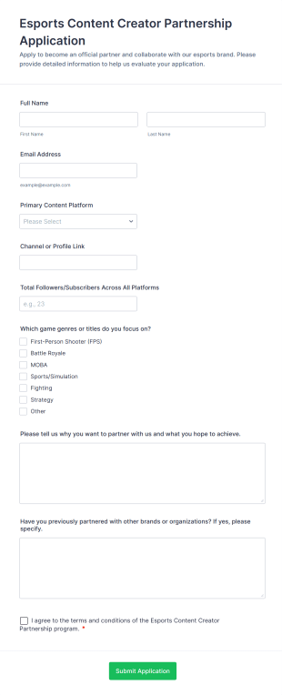 Esports Content Creator Partnership Application Form Template