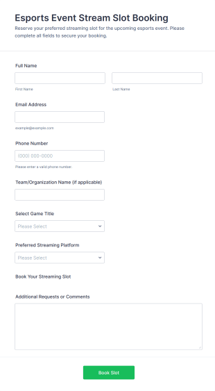 Esports Event Stream Slot Booking Form Template
