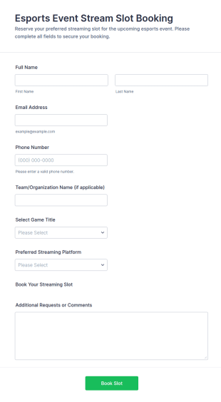 Esports Event Stream Slot Booking Form Template