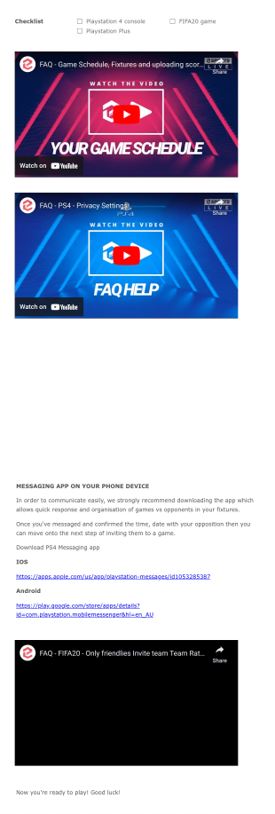 Esports Live FAQ PS4 FIFA20 Organising Games Form Template