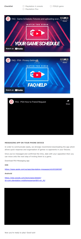 Esports Live FAQ PS4 FIFA20 Organising Games Form Template