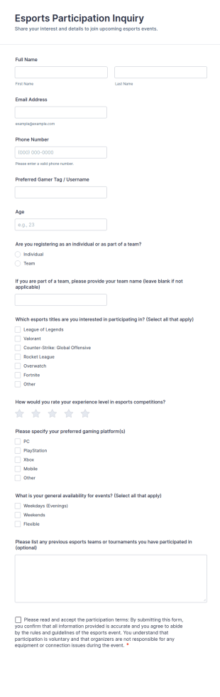 Esports Participation Inquiry Form Template