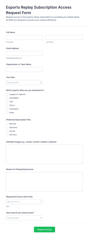 Esports Replay Subscription Access Request Form Template