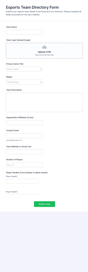 Esports Team Directory Form Template