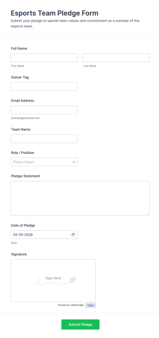 Esports Team Pledge Form Template