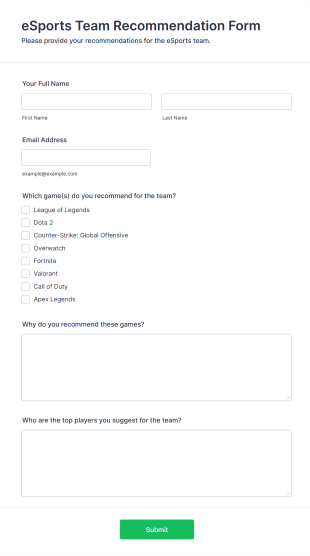 ESports Team Recommendation Form Template