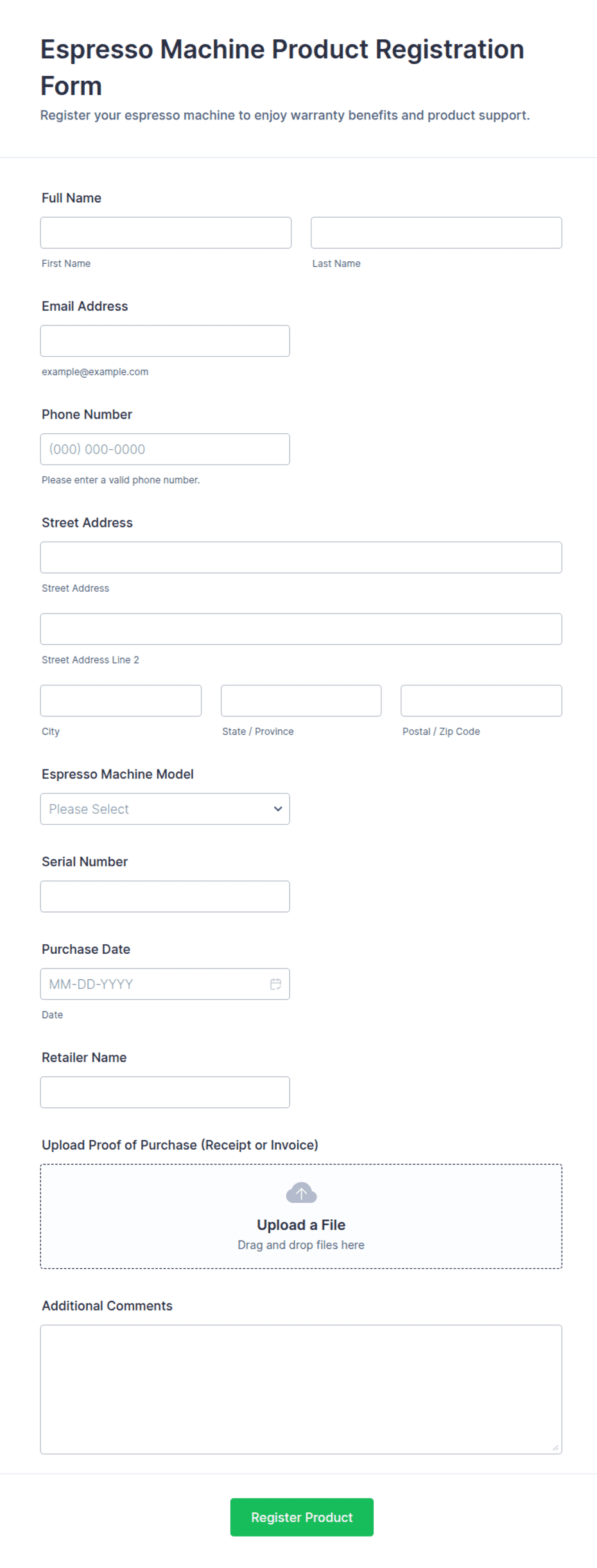 Espresso Machine Product Registration Form Template | Jotform