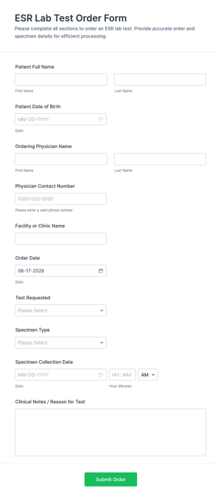 ESR Lab Test Order Form Template