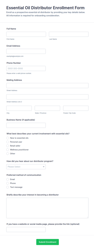 Essential Oil Distributor Enrollment Form Template