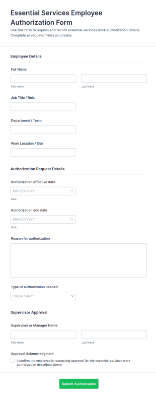 Essential Services Employee Authorization Form Template