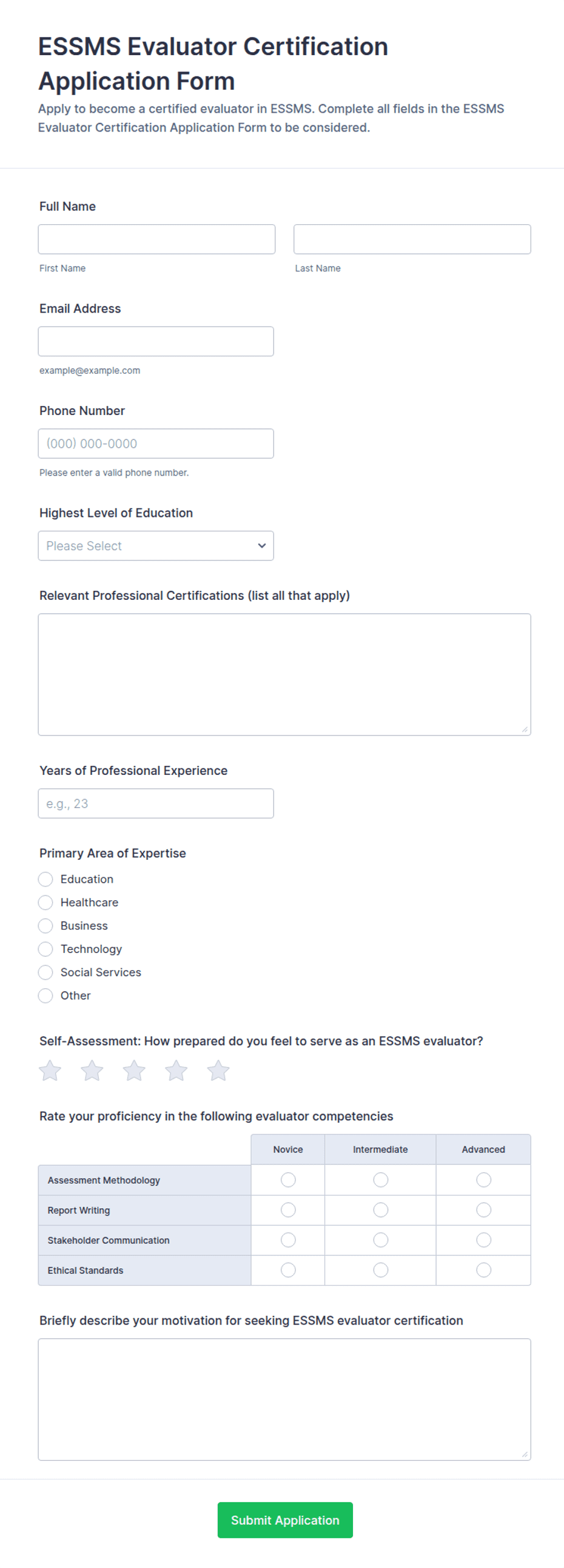 ESSMS Evaluator Certification Application Form Template | Jotform