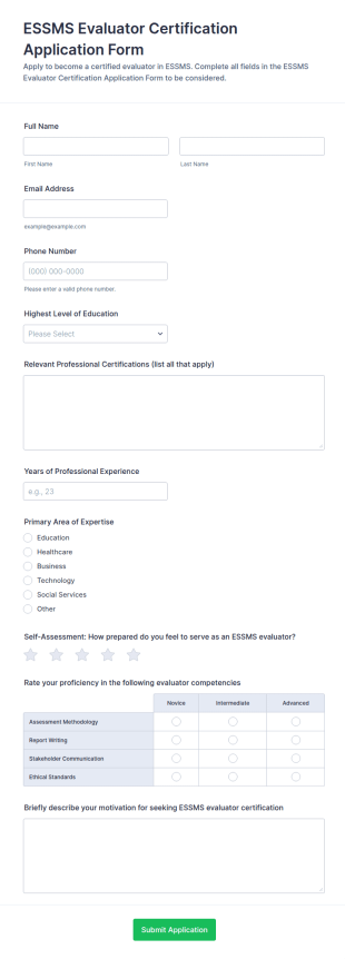 ESSMS Evaluator Certification Application Form Template