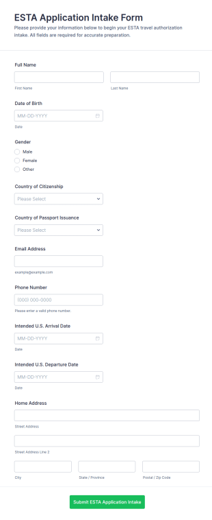 ESTA Application Intake Form Template