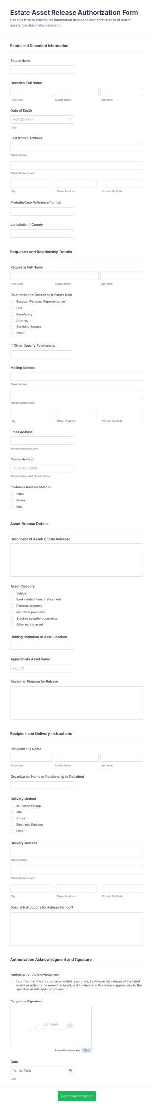 Estate Asset Release Authorization Form Template