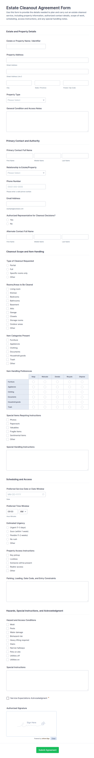 Estate Cleanout Agreement Form Template