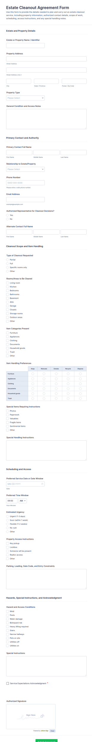 Estate Cleanout Agreement Form Template